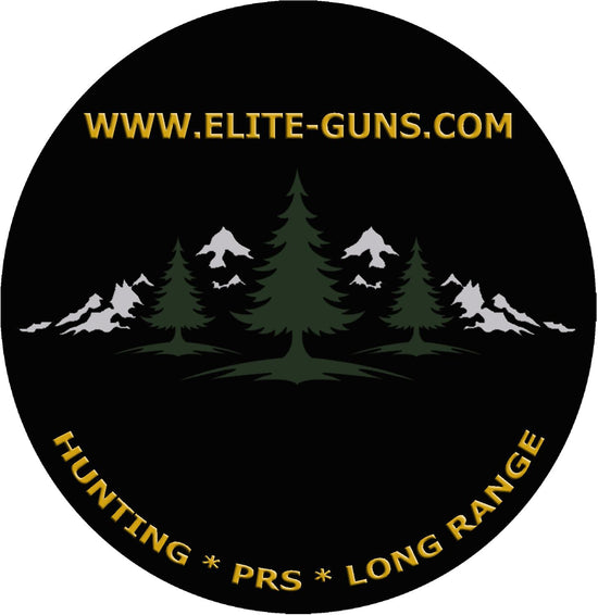 Logo von der Firma Elite Guns. Bäume die vor einem Gebirge stehen mit einer Internetadresse und dem Portfolio